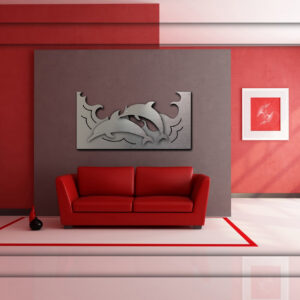 A modern living room features a red couch, dolphin artwork, and decorative plants against red walls.
