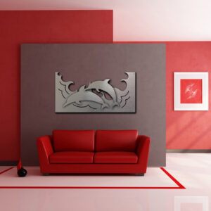 Red-themed room featuring a gray wall art of dolphins above a red couch, with plants and decorative items.