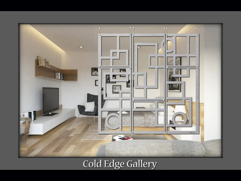 A modern living space features a geometric partition, television, and cozy seating.