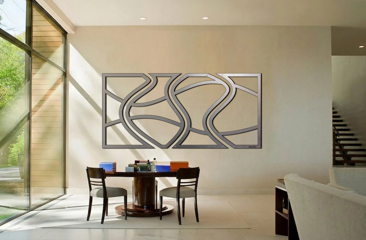 Kauai L 4pc 46t x 97w 6-10-26 office-1 A modern wall art piece with abstract patterns hangs above a round table and chairs in a bright office space.