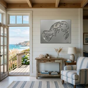 A coastal living room features a decorative manatee wall art, a wooden table, and a view of the ocean.