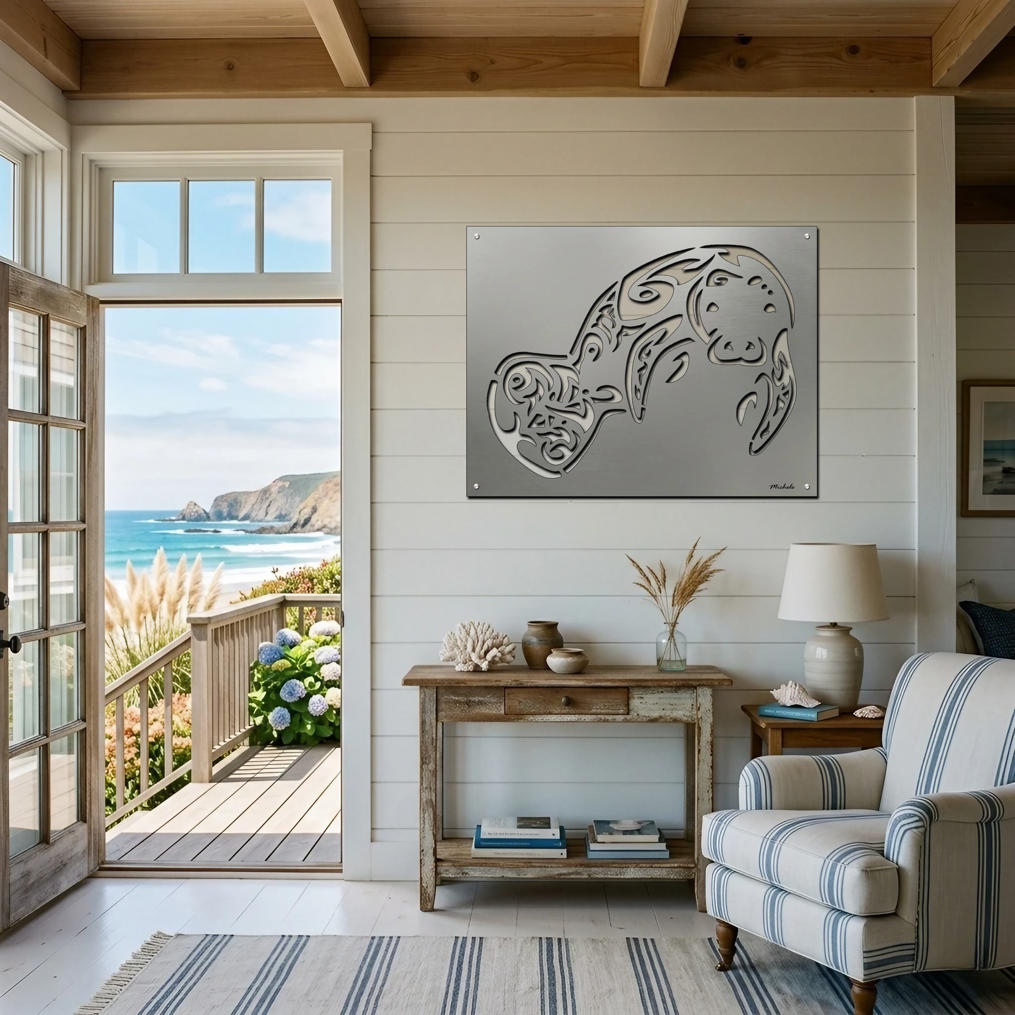 Manatee-3 5-23-26 coastal A coastal living room features a decorative manatee wall art, a wooden table, and a view of the ocean.