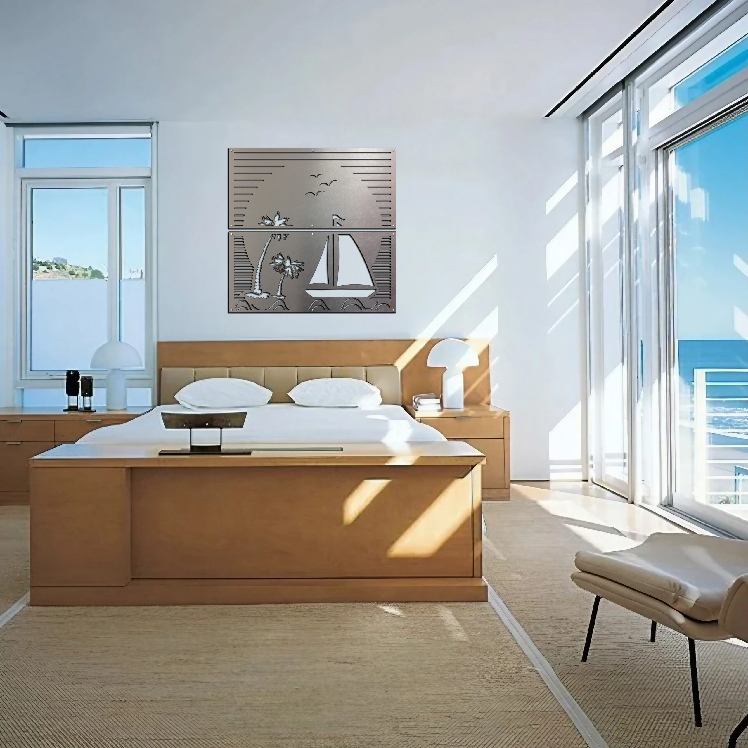 Bright bedroom with a large bed, ocean view, and a decorative wall art featuring a sailboat and palm trees.
