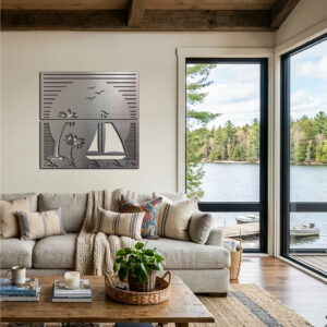 A cozy living room features a boat and palm tree wall art, with a view of a lake and trees outside.