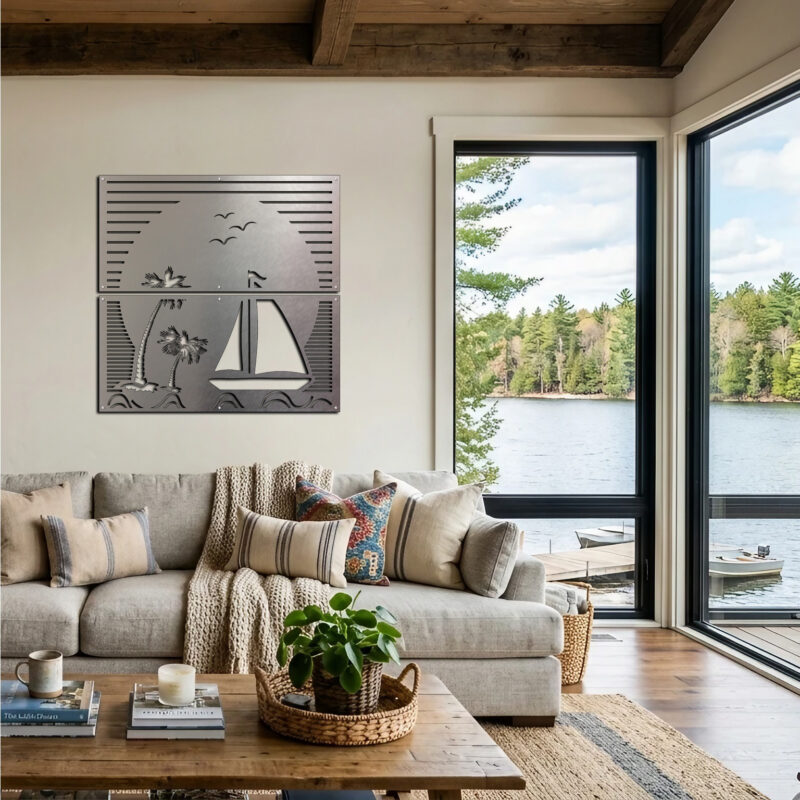 A cozy living room features a boat and palm tree wall art, with a view of a lake and trees outside.