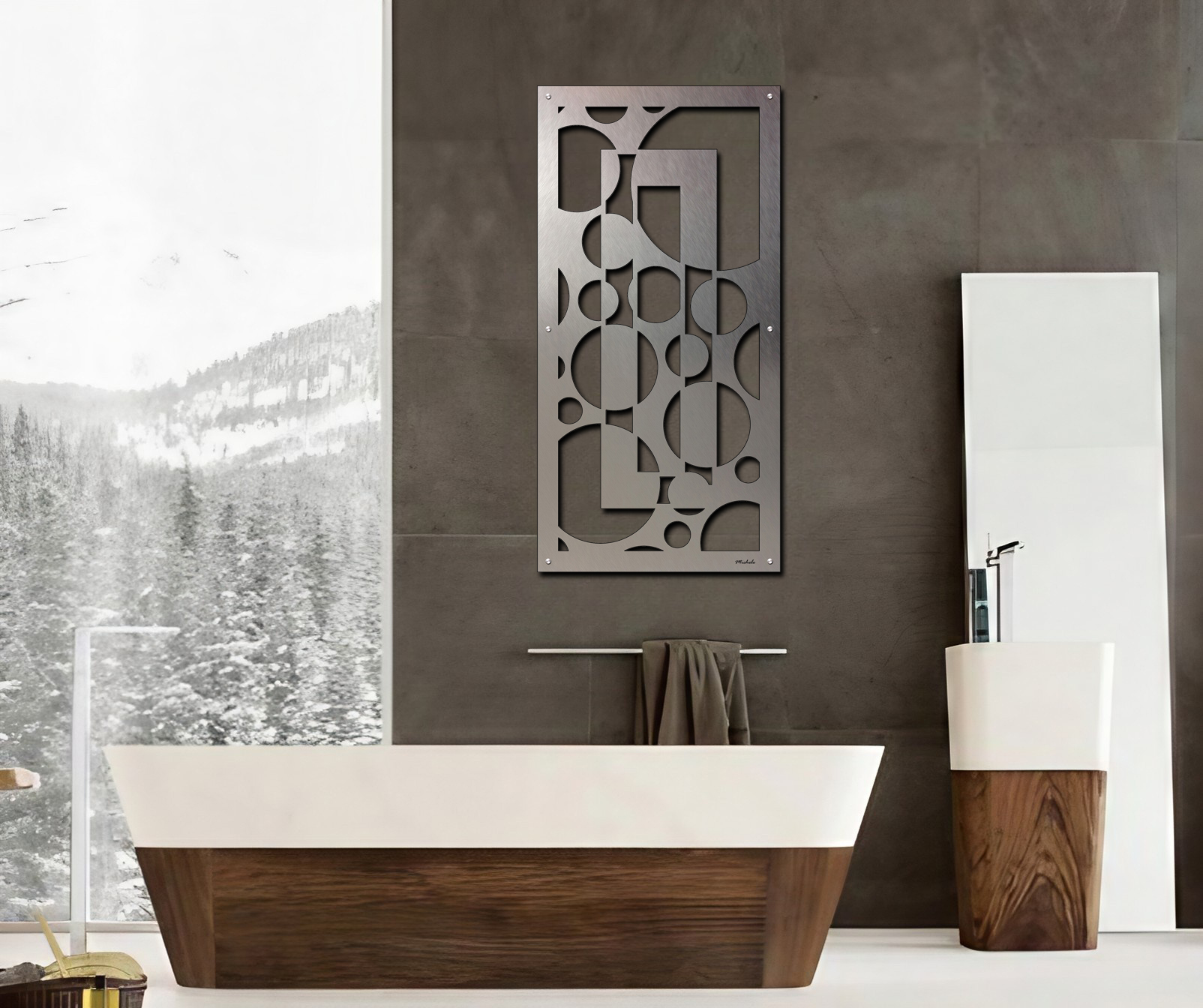 Palm Island 6-9-26 bathroom-1 Modern bathroom features a freestanding tub, sleek sink, and decorative wall art. Snowy landscape visible outside.