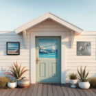 A coastal scene features a door with a boat painting, framed artwork, and potted plants on a wooden deck.