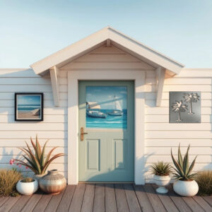 A coastal scene features a door with a boat painting, framed artwork, and potted plants on a wooden deck.