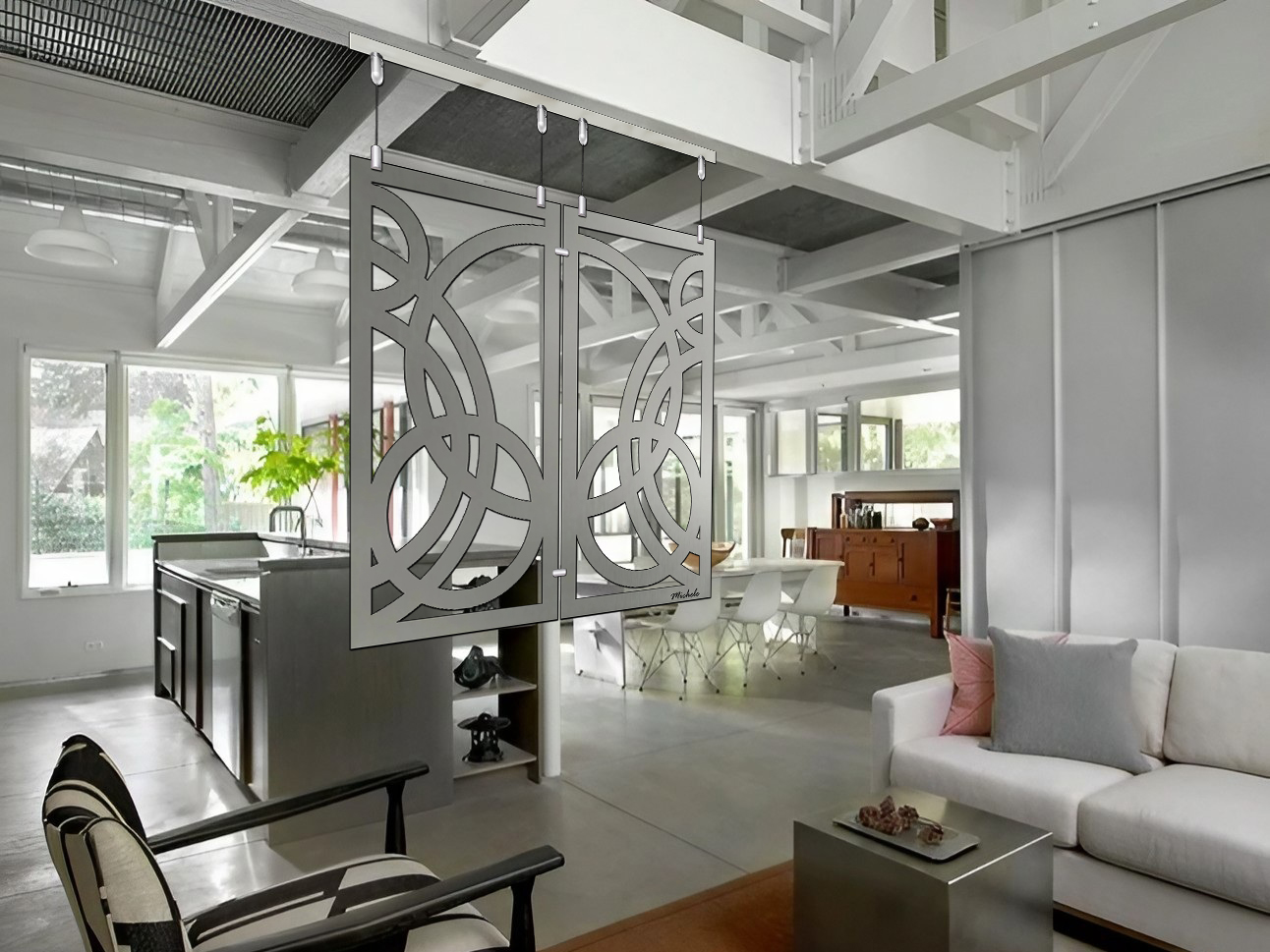 Modern living room featuring a decorative sliding partition, kitchen area, and stylish furniture.
