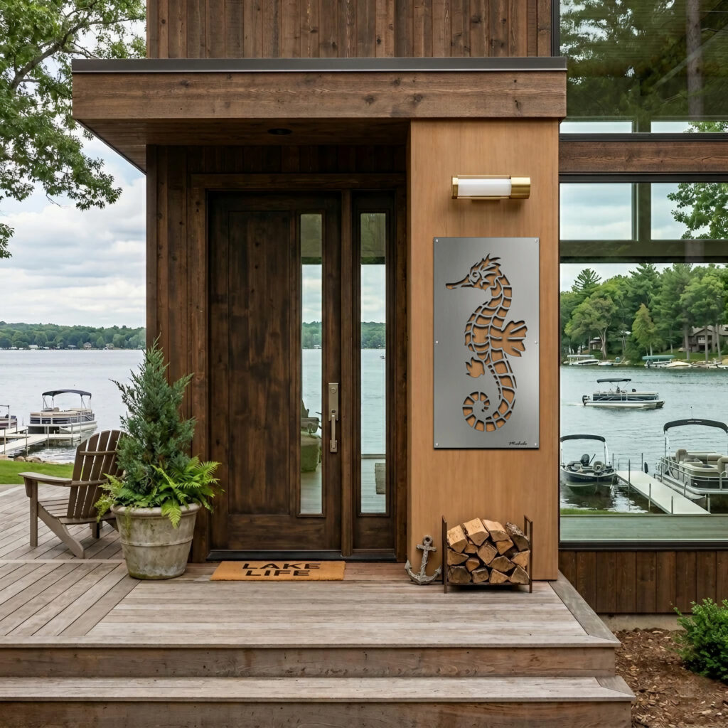 A wooden entrance features a seahorse metal art piece, potted plants, and a "Lake Life" welcome mat.