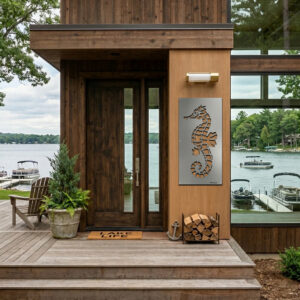 A wooden entrance features a seahorse metal art piece, potted plants, and a "Lake Life" welcome mat.