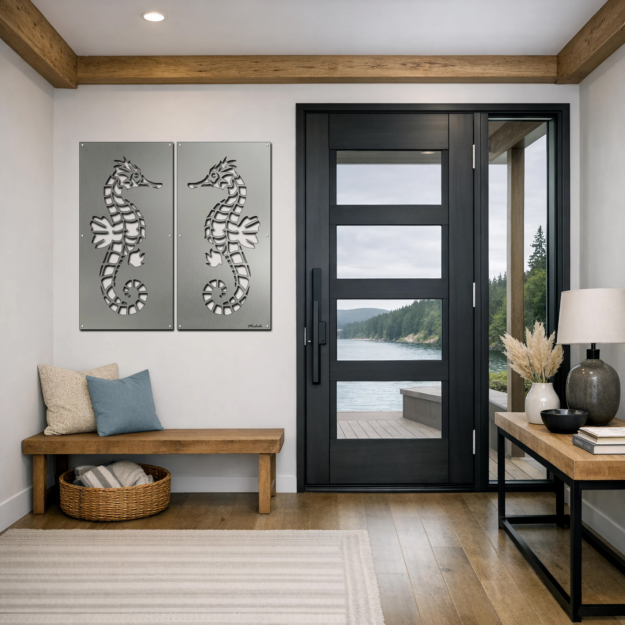 Two seahorse wall art pieces hang beside a modern entryway with a view of a river and forest.