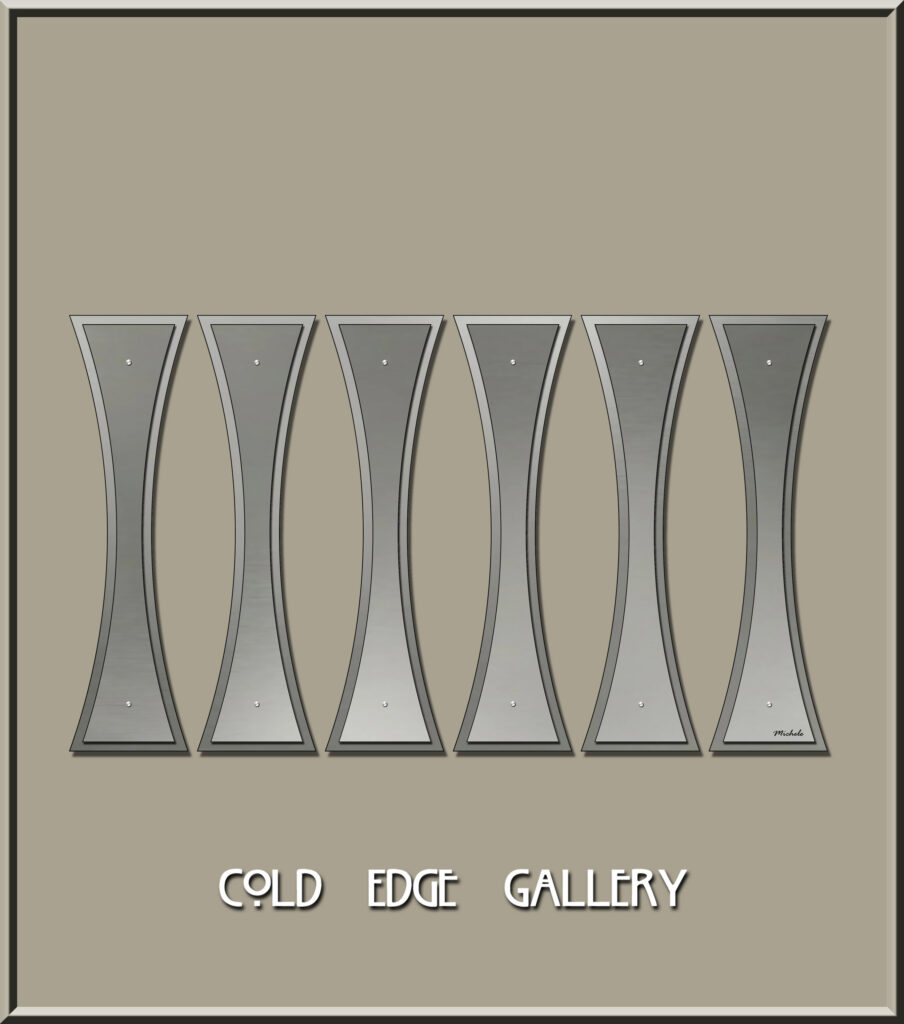 Five curved metallic panels arranged in a row, with "COLD EDGE GALLERY" text below.