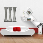 Modern living room featuring a white sofa with red cushions, decorative wall shelves, and abstract wall art.