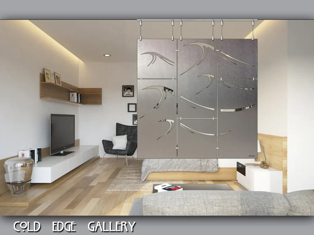 Modern living room features a decorative wave-patterned partition, TV, and cozy seating area.