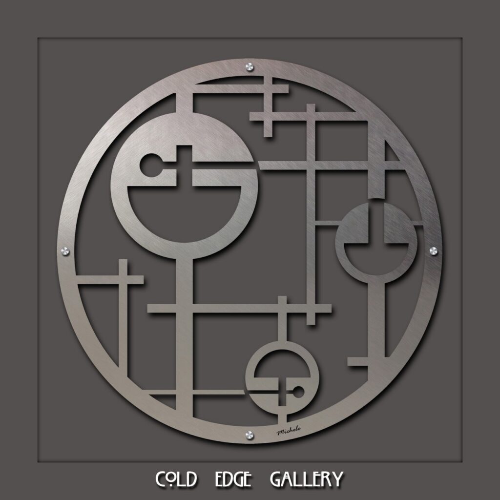 Metal wall art features geometric shapes and lines in a circular design. Text at the bottom reads "COLD EDGE GALLERY.