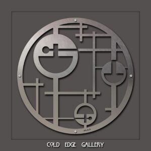 Metal wall art features geometric shapes and lines in a circular design. Text at the bottom reads "COLD EDGE GALLERY.