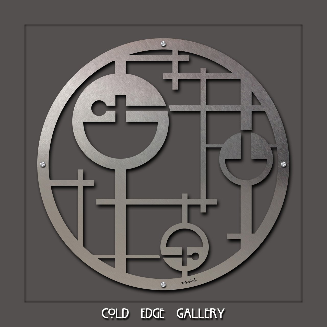 Metal wall art features geometric shapes and lines in a circular design. Text at the bottom reads "COLD EDGE GALLERY.
