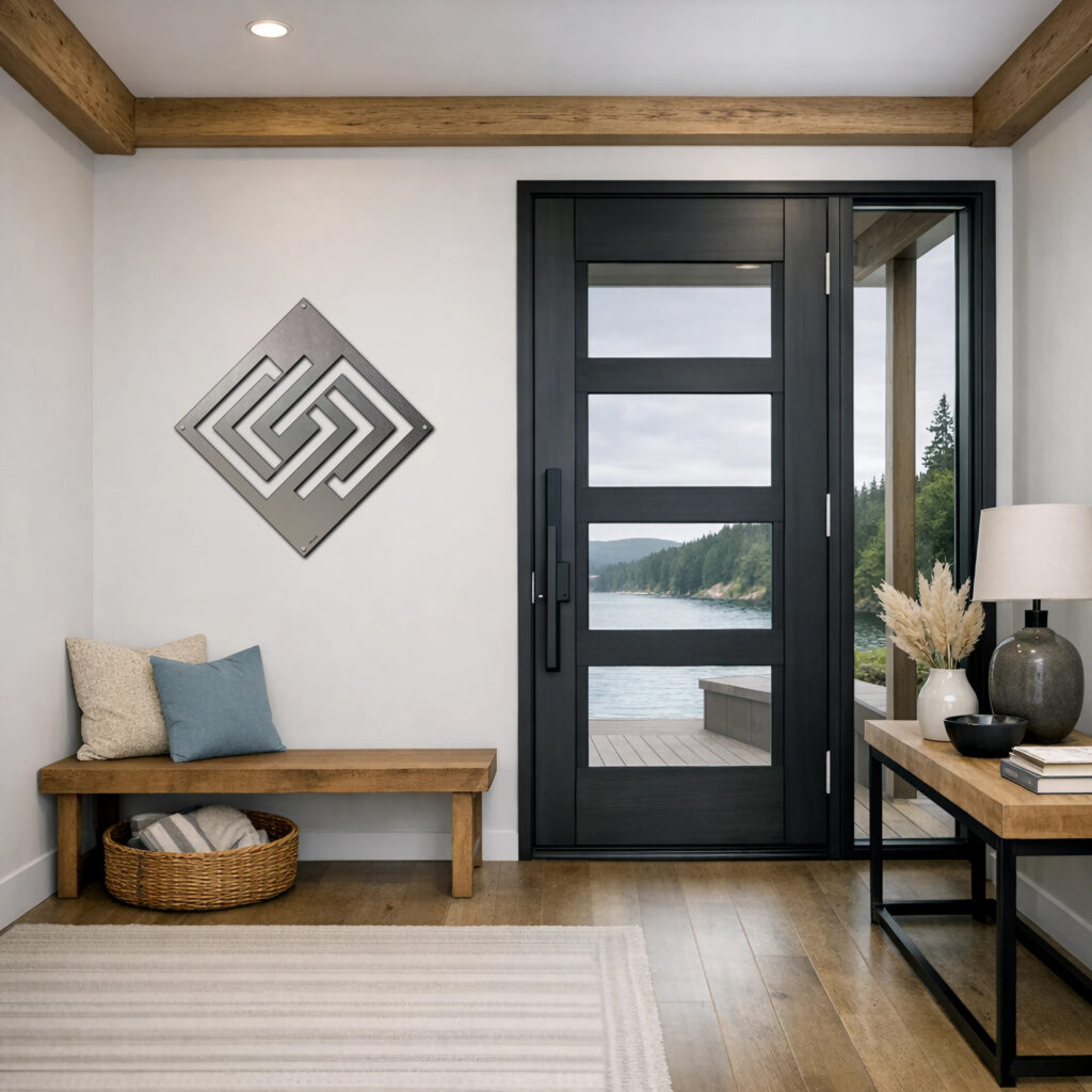 Modern foyer with a geometric wall art, wooden bench, and large glass door revealing a scenic view.