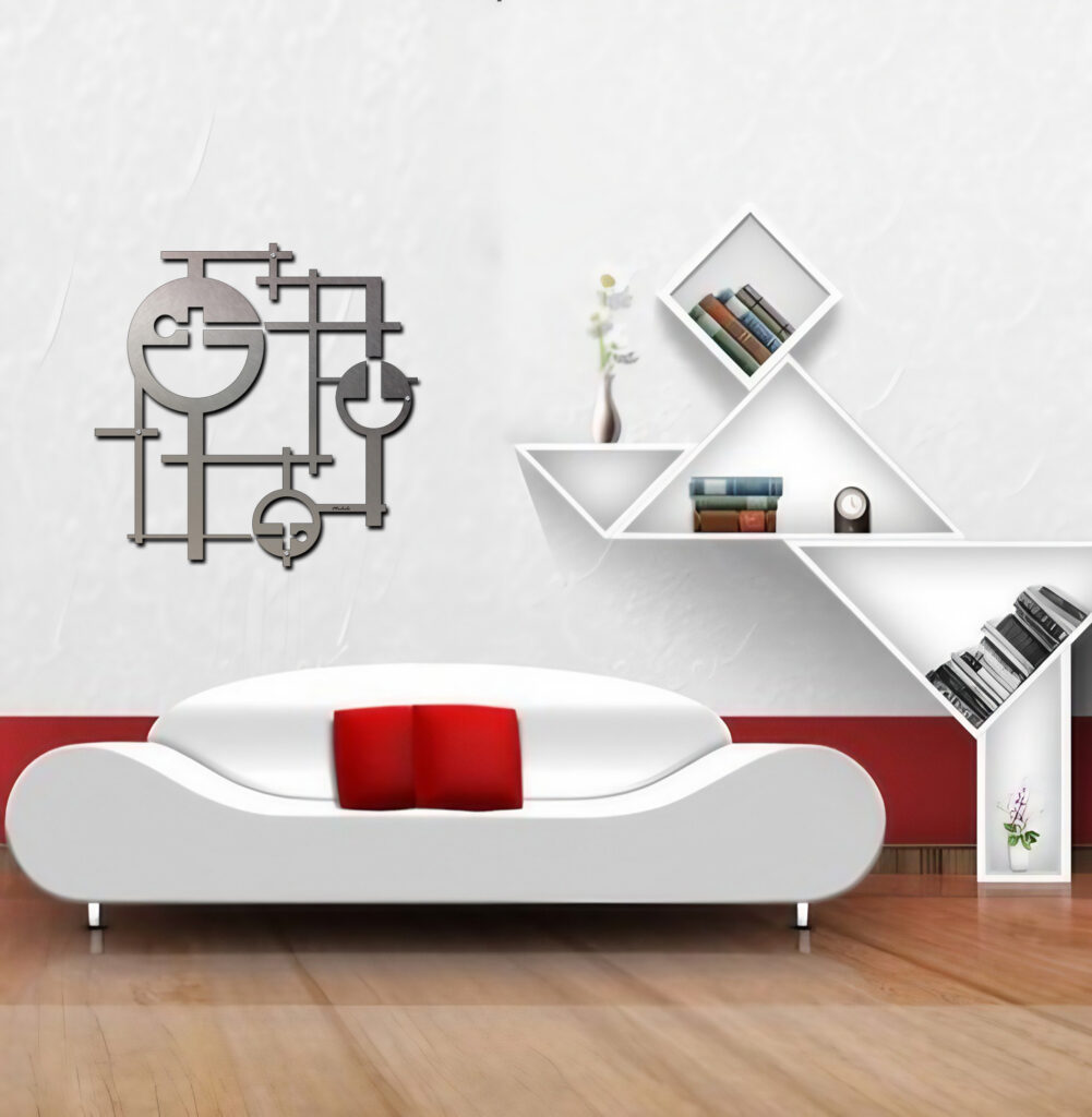 Modern living room features a white sofa with red cushions, geometric wall art, and unique shelving with books and a vase.