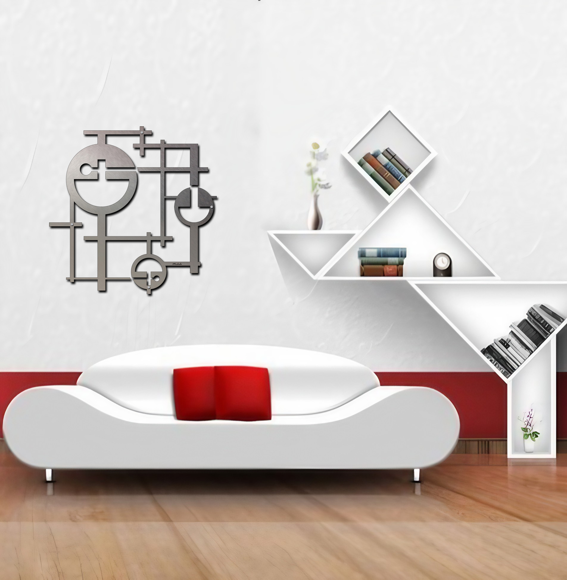 abstract squared no border 35x35 6-9-26 livingroom-1 Modern living room features a white sofa with red cushions, geometric wall art, and unique shelving with books and a vase.