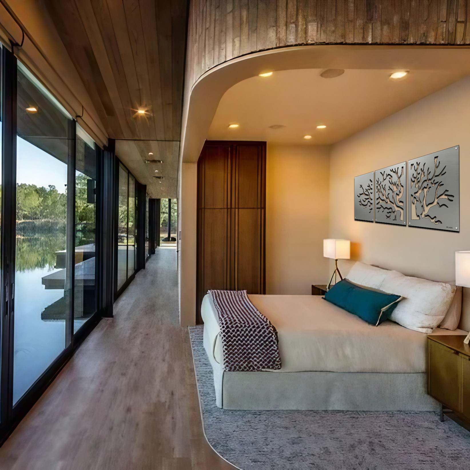 Modern bedroom with large windows, wooden accents, and a view of a serene outdoor landscape.