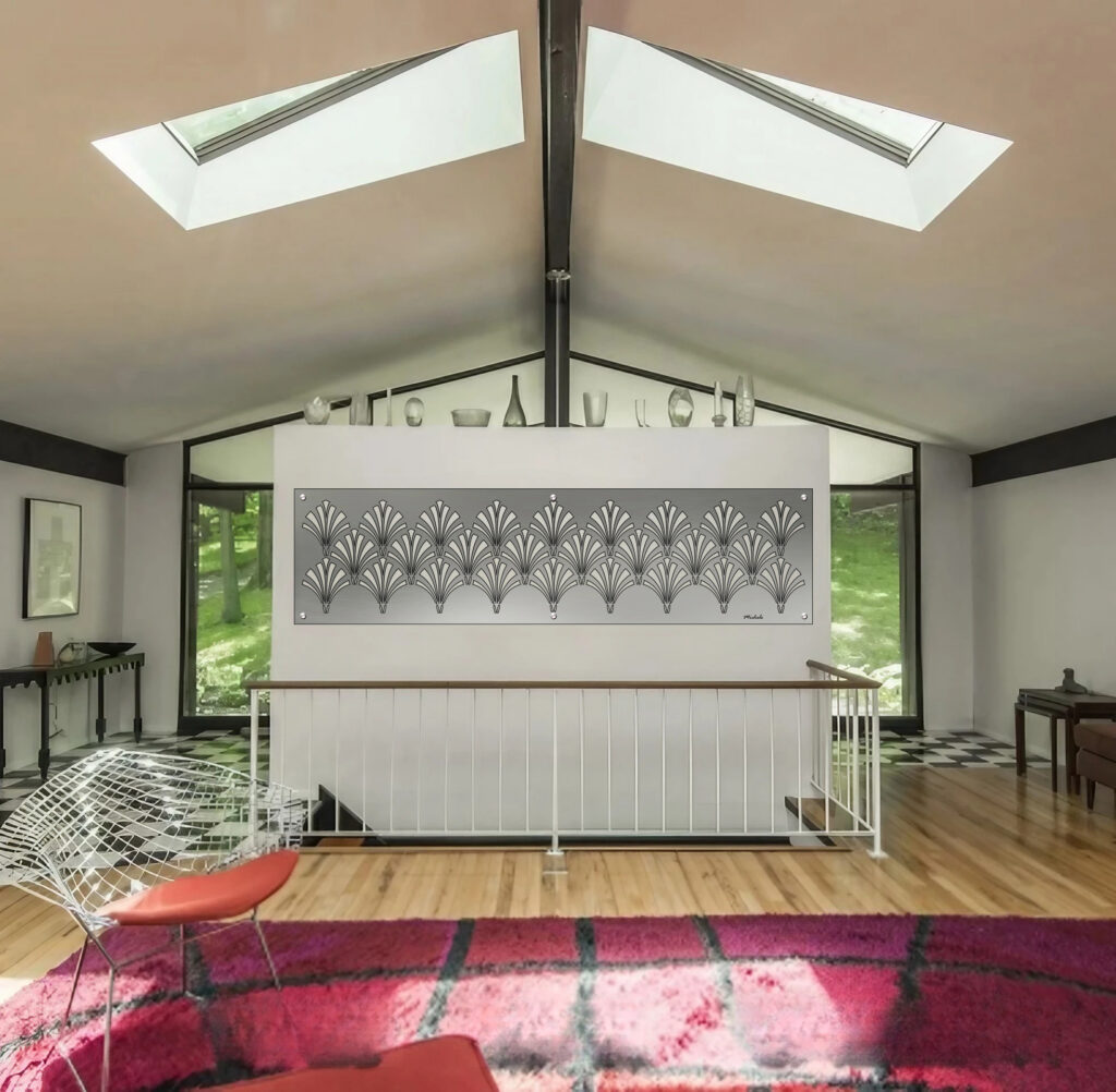 A modern living room features a floral wall art piece, skylights, and a colorful rug.