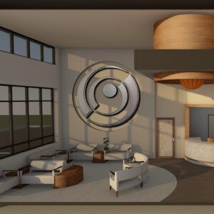 Modern office lobby with circular artwork, seating areas, and a reception desk. Natural light fills the space.