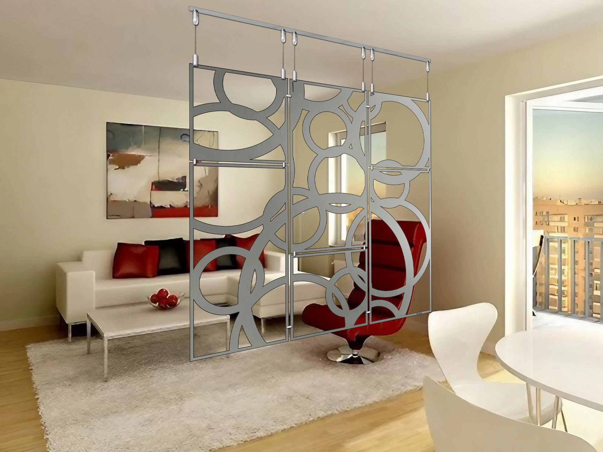 A modern living room features a decorative partition, red chair, white sofa, and dining table.