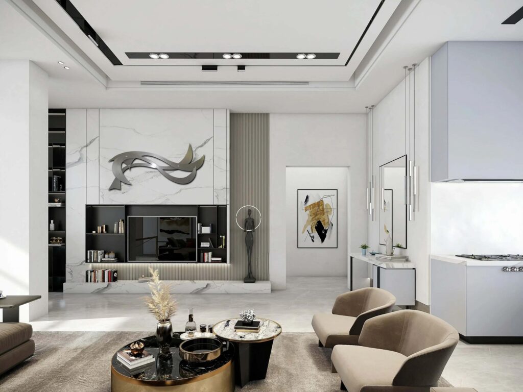Modern living room featuring a sleek design, decorative wall art, and stylish furniture.