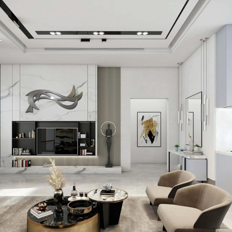 Modern living room featuring a sleek design, decorative wall art, and stylish furniture.