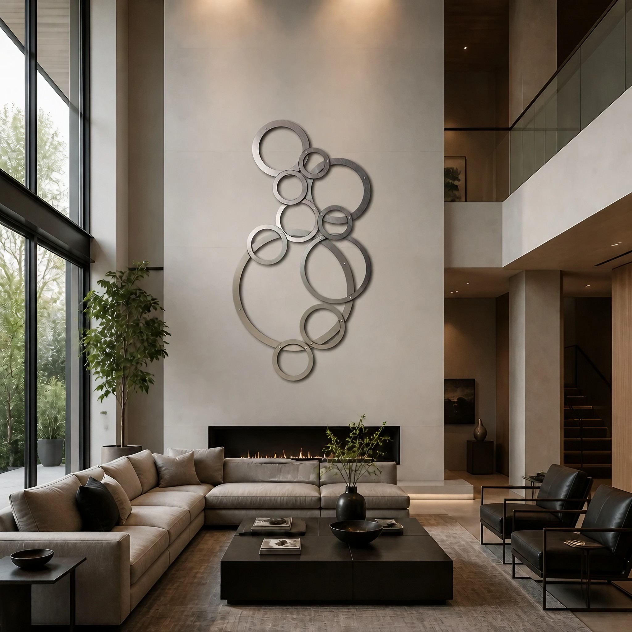 Modern living room features a large abstract metal wall art, sectional sofa, and a sleek coffee table.