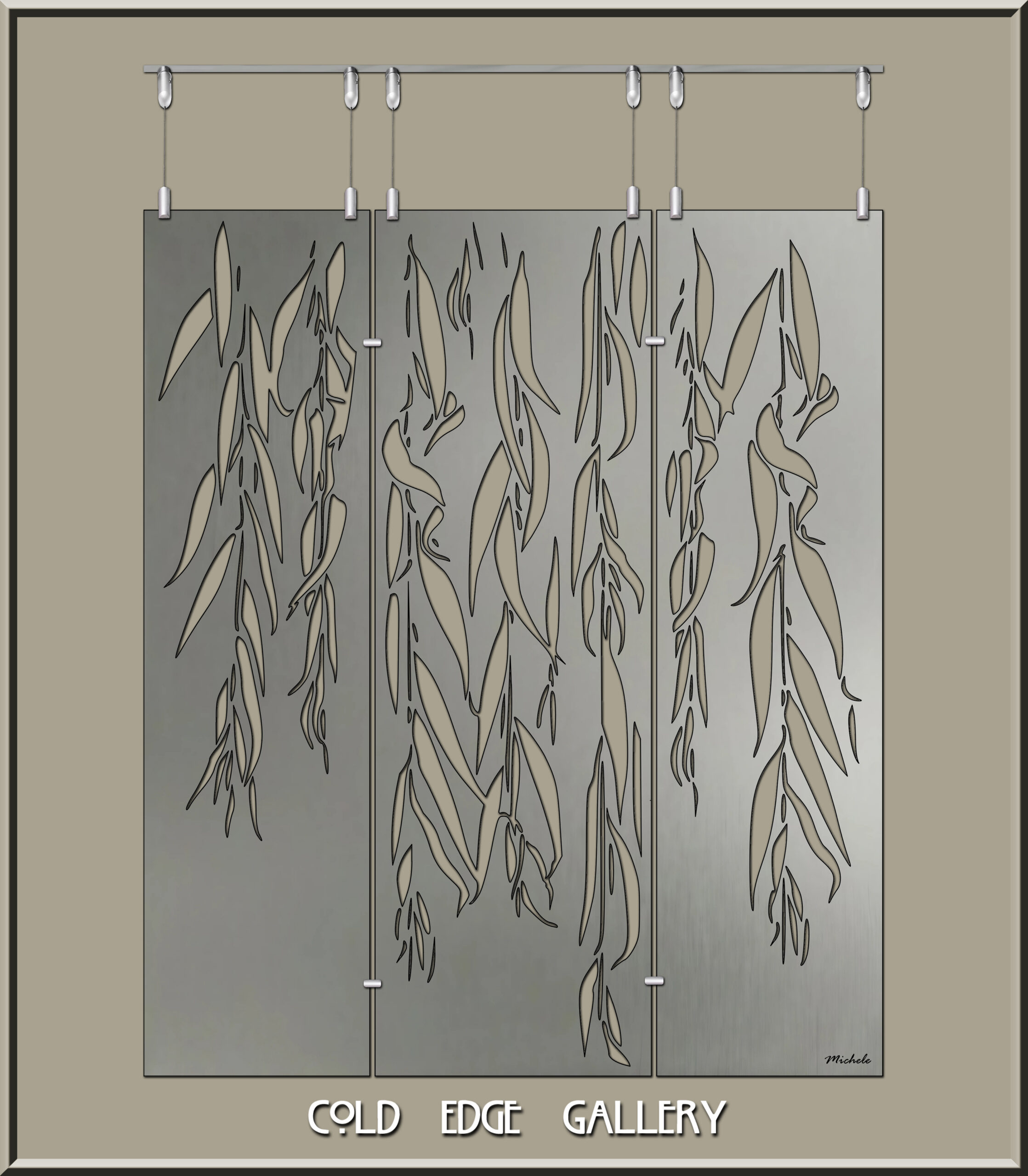 Metal artwork featuring weeping willow branches, displayed in a gallery setting.