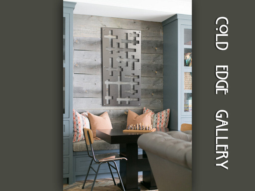 A cozy dining nook features patterned pillows, a chess set, and a modern wall art piece. "Cold Edge Gallery" text displayed.