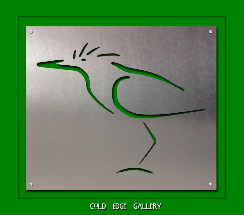 Metal sign features a stylized bird design, framed by a green background, with "COLD EDGE GALLERY" text below.