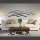 A minimalist living room featuring a white sofa, wooden coffee table, two side tables with lamps, and wave-like wall art. Text at the bottom reads "COLD EDGE GALLERY.