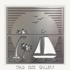 Metal sign featuring palm trees, a sailboat, and birds, with "COLD EDGE GALLERY" text below.