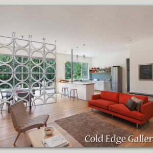 Modern open-plan living room featuring a red sofa, minimalist furniture, a kitchen island with bar stools, and a unique circular shelving divider. A window provides a view of greenery. Text reads: "Cold Edge Gallery".
