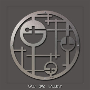 A round metal wall art piece featuring geometric shapes and straight lines is displayed on a gray background. Below the artwork, "COLD EDGE GALLERY" is written in stylized text.