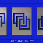 Three identical metallic abstract geometric designs with angular patterns are mounted against a blue background. Text at the bottom reads "Cold Edge Gallery" This one-of-a-kind artwork highlights custom craftsmanship.