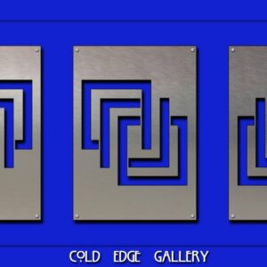 Three identical metallic abstract geometric designs with angular patterns are mounted against a blue background. Text at the bottom reads "Cold Edge Gallery" This one-of-a-kind artwork highlights custom craftsmanship.