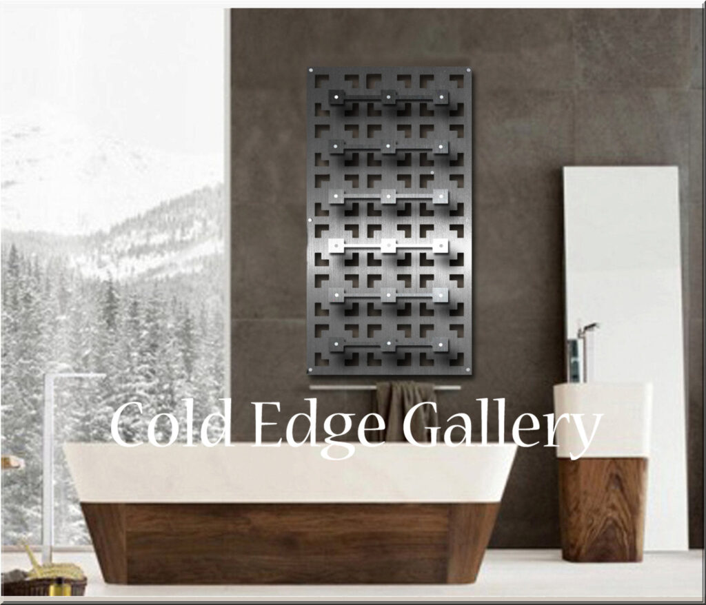 Modern bathroom featuring a patterned wall art piece above a freestanding tub and wooden accents.