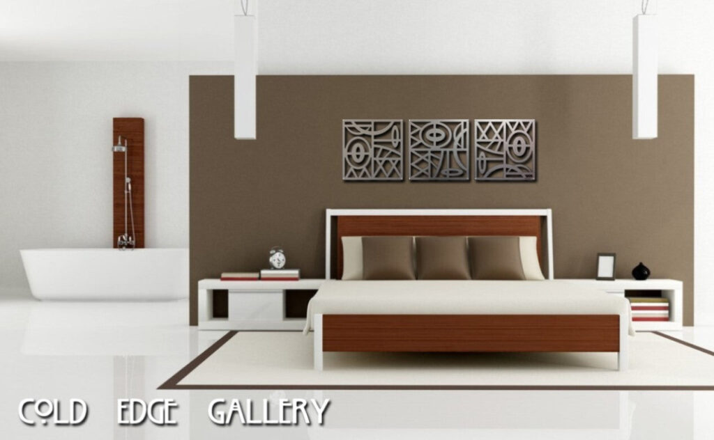 Modern bedroom with a white bed, decorative wall art, and a freestanding bathtub.