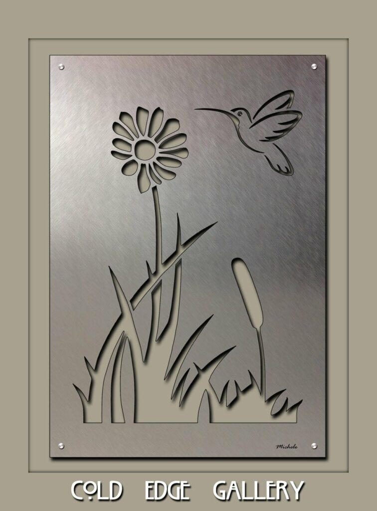 Metal artwork features a flower and a hummingbird among grass and cattails, with "Cold Edge Gallery" text below.