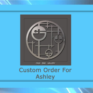 A framed abstract metal artwork with geometric shapes. The display text below reads "Custom Order For Ashley.