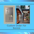 Custom metal artwork featuring a heron and "Cold Edge Gallery" text, shown indoors and outdoors with a blue border and the text "Custom Order for Bonnie" at the bottom.