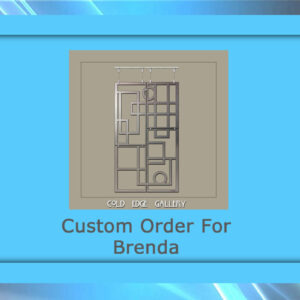 Image of a custom order art piece from Cold Edge Gallery for a customer named Brenda. The artwork comprises various geometric shapes arranged within a rectangular frame.