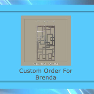 A framed image titled "Custom Order For Brenda" showcasing a custom geometric metal artwork with various rectangular shapes. The background is gradient blue.