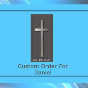 A design mockup from Cold Edge Gallery featuring a custom artwork for Daniel, showcasing a cross symbol on a rectangular background with a blue border, meticulously crafted to meet his specifications.