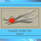Image of a framed artwork titled "Custom Order For Dawn" from Cold Edge Gallery, featuring two large metal scissors and a red dot against a beige background.